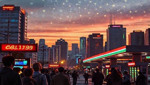 A futuristic cityscape at dusk, with vibrant neon-lit gas stations and digital screens displaying fluctuating gasoline prices. In the foreground, a diverse group of economists and commuters observe the prices with mixed reactions. The background features abstract representations of complex data and algorithms intertwining above, symbolizing the intricate web of factors affecting gasoline price dynamics. The scene conveys both the tension and intrigue of economic predictions, rendered in high definition.