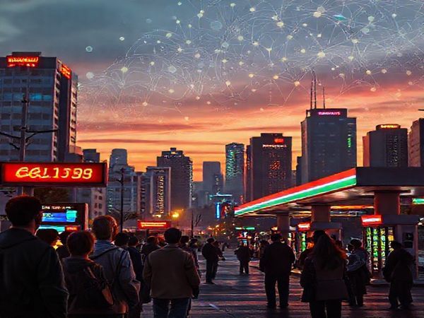 A futuristic cityscape at dusk, with vibrant neon-lit gas stations and digital screens displaying fluctuating gasoline prices. In the foreground, a diverse group of economists and commuters observe the prices with mixed reactions. The background features abstract representations of complex data and algorithms intertwining above, symbolizing the intricate web of factors affecting gasoline price dynamics. The scene conveys both the tension and intrigue of economic predictions, rendered in high definition.
