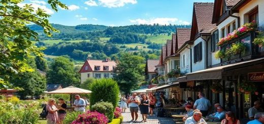A vibrant summer scene in Siegen, Germany, showcasing the enchanting botanical gardens filled with colorful blooming flowers, local artists performing at the Siegener Sommerfestival, and visitors enjoying the lively atmosphere at quaint street cafes under a bright blue sky. Capture the rolling hills in the background, lush green landscapes, and a hint of the Giller mountain. Create this image in high definition.