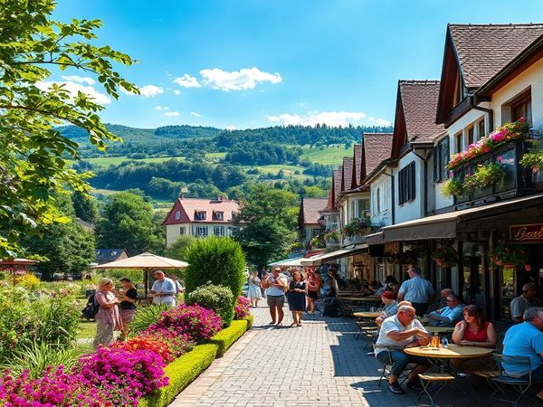 A vibrant summer scene in Siegen, Germany, showcasing the enchanting botanical gardens filled with colorful blooming flowers, local artists performing at the Siegener Sommerfestival, and visitors enjoying the lively atmosphere at quaint street cafes under a bright blue sky. Capture the rolling hills in the background, lush green landscapes, and a hint of the Giller mountain. Create this image in high definition.