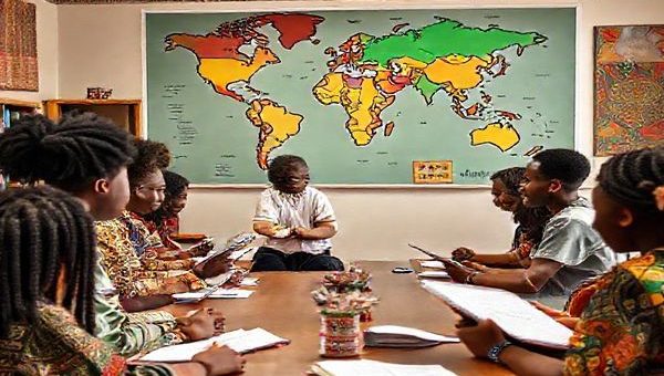"Create a high-definition image of a vibrant classroom setting with diverse students engaging in a language learning session. Include a friendly Igbo tutor at the front, a large world map highlighting Nigeria, and students using tablets and notebooks, while displaying traditional Igbo cultural elements like colorful fabrics and artwork. The atmosphere should feel dynamic, inclusive, and focused on the joy of learning."