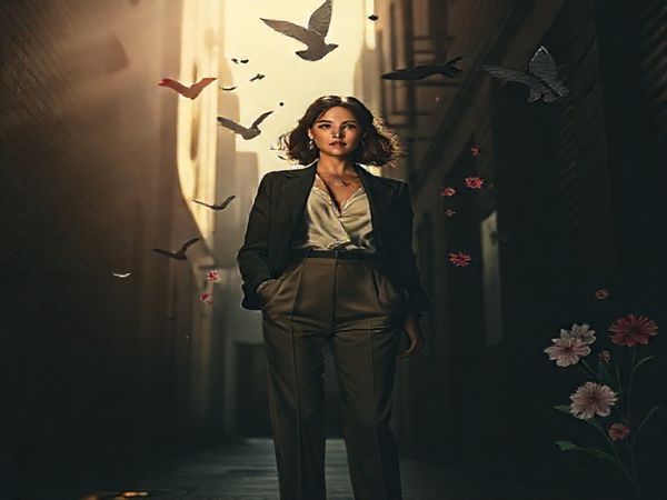Create a high-definition image featuring the protagonist Anna from "Strange Darling" (2023), depicted in a noir-inspired setting. She stands confidently in a shadowy alley, bathed in contrasting light and shadow, wearing an elegant yet modern outfit that conveys ambition and strength. Surround her with elements symbolizing her inner journey—like soaring birds and blooming flowers—intertwined with abstract representations of traditional gender norms being shattered, illustrating her struggle for autonomy. The atmosphere is both haunting and vibrant, reflecting the film's artistic triumph and feminist themes.
