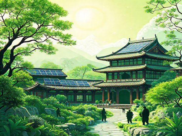 Create a high-definition image that captures the vibrant fusion of ancient Chinese culture and modern digital technology in a green, eco-friendly landscape. Illustrate traditional Chinese architecture intertwined with futuristic digital elements, showcasing lush greenery and solar panels harmoniously integrated into the environment. Add silhouettes of people interacting with digital devices, symbolizing collaboration for sustainability, against a backdrop of a bright, hopeful sky reflecting innovation and ecological balance.