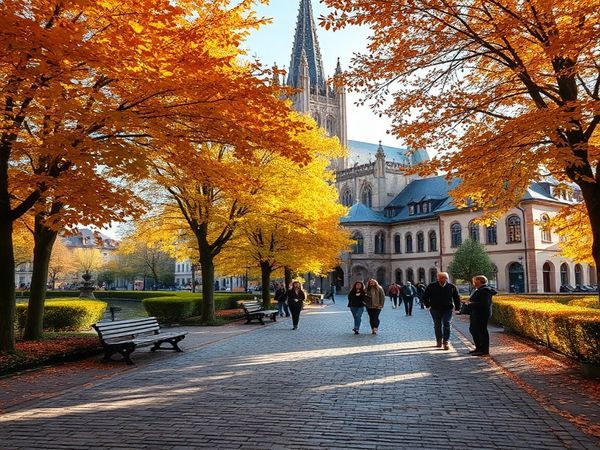 A breathtaking high-definition image of Regensburg in autumn, depicting the cobblestone streets adorned with vibrant amber and gold leaves. The majestic Gothic architecture of Regensburg Cathedral looms in the background, while locals enjoy a tranquil afternoon at Eisbach Park, surrounded by a tapestry of colorful foliage. Soft sunlight filters through the trees, casting charming shadows and enhancing the serene atmosphere of this picturesque Bavarian city.
