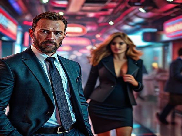 A dynamic, high-definition scene set within a vibrant, kinetic movie set, showcasing a stylish action-comedy atmosphere. In the foreground, a charismatic male operative portrayed by Jason Statham stands confidently in a sleek suit with an intense expression, while in the background, a sharp-witted Aubrey Plaza, dressed in chic attire, delivers a clever quip, her presence both captivating and assertive. Surrounding them, a swirling mix of high-octane action, elegant choreography, and rich visual details that juxtapose the glamour of espionage with underlying themes of gender dynamics. The image captures a moment of tension, highlighting the duality of cinematic craft and feminist critique, with a color palette that is both vibrant and striking.