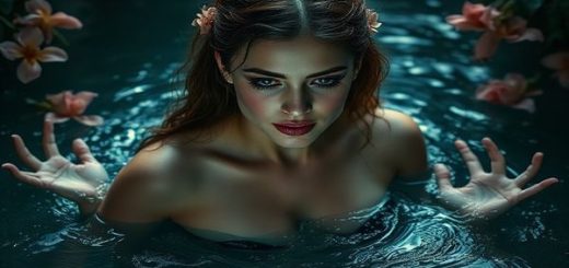 A high-definition artwork capturing a Victorian-inspired scene of a woman emerging from water, symbolizing rebirth and transformation. The scene features a delicate palette in chiaroscuro, with ethereal lighting highlighting the woman's captivating expression of both strength and vulnerability. Surrounding her are shadowy figures representing patriarchal forces, contrasted against lush, vibrant flora that hints at empowerment and resistance. The atmosphere is both haunting and beautiful, inviting contemplation of gender dynamics and personal agency.