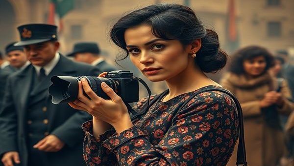 A high-definition image of a vibrant and elegantly composed film set, featuring a female photojournalist poised with a vintage camera. The backdrop is a richly detailed historical scene, showcasing a blend of authoritative male figures in the shadows and intricate depictions of war and activism. Encapsulate the tension between ambition and familial bonds, with a warm palette that evokes depth and emotion, inviting viewers to reflect on the subtle interplay of gender roles and narrative power dynamics.