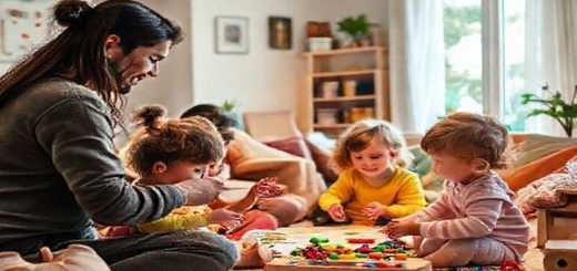 "An inviting scene in a cozy home in Vitoria-Gasteiz, Spain, showcasing diverse families with young children engaged in nurturing activities. Parents are guiding toddlers in playful learning through art and storytelling, surrounded by colorful educational toys and soft, warm lighting. The atmosphere radiates love, support, and growth, reflecting the essence of a parenting program that enhances child development. High definition."