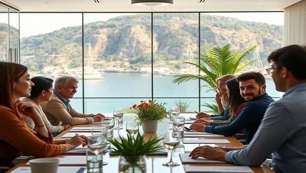 A vivid and high-definition image showcasing a modern boardroom set against a Mediterranean backdrop, filled with a diverse group of professionals engaged in a dynamic discussion. The room should be adorned with elements symbolizing sustainability, like plants and eco-friendly materials, while the vibrant culture of Italy and Spain reflects in their attire and decor. Include visual elements like charts or screens displaying ESG statistics, emphasizing collaboration and innovative ideas. Capture the essence of diversity driving corporate governance towards sustainability.