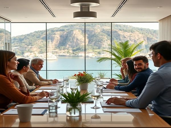 A vivid and high-definition image showcasing a modern boardroom set against a Mediterranean backdrop, filled with a diverse group of professionals engaged in a dynamic discussion. The room should be adorned with elements symbolizing sustainability, like plants and eco-friendly materials, while the vibrant culture of Italy and Spain reflects in their attire and decor. Include visual elements like charts or screens displaying ESG statistics, emphasizing collaboration and innovative ideas. Capture the essence of diversity driving corporate governance towards sustainability.