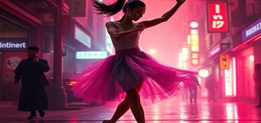 Create a high definition image of a neon-lit, dynamic action scene that embodies the choreography of violence as a ballet, featuring a strong female character in a supporting role gracefully maneuvering alongside John Wick. Capture the contrasting aesthetics of beauty and brutality, with swirling colors and dramatic lighting accentuating their movement, while subtly incorporating symbols of femininity and strength. The background should reflect an eclectic urban environment, melding the essence of Tokyo and Berlin, creating a vibrant tapestry of action and emotion that invites contemplation on gender dynamics within the chaos.