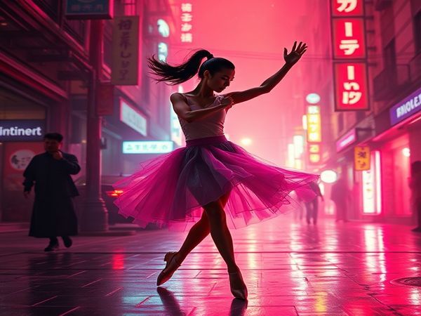 Create a high definition image of a neon-lit, dynamic action scene that embodies the choreography of violence as a ballet, featuring a strong female character in a supporting role gracefully maneuvering alongside John Wick. Capture the contrasting aesthetics of beauty and brutality, with swirling colors and dramatic lighting accentuating their movement, while subtly incorporating symbols of femininity and strength. The background should reflect an eclectic urban environment, melding the essence of Tokyo and Berlin, creating a vibrant tapestry of action and emotion that invites contemplation on gender dynamics within the chaos.