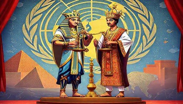 A vibrant, high-definition illustration depicting Egypt and Morocco as majestic, modern-day pharaohs and sultans, each standing on a symbolic stage representing the United Nations. The backdrop features intricate designs of their respective landscapes—Egypt's pyramids and Morocco's intricate mosaics—intertwining with elements symbolizing China's influence, like the Great Wall. The characters showcase thoughtful expressions, engaged in a delicate dance of diplomacy, balancing scales of justice and power, while surrounded by a vivid tapestry of global maps and human rights symbols.