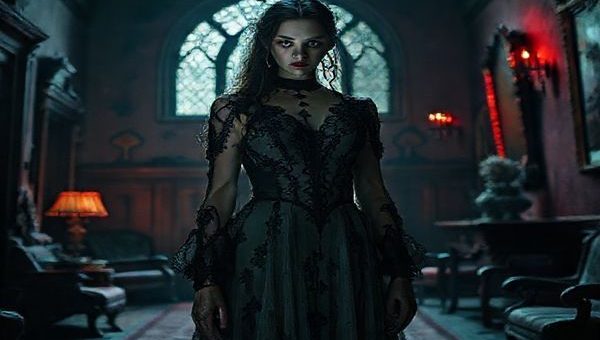 A high-definition image of a gothic scene inspired by "Mr Burton" (2025), featuring a hauntingly beautiful woman named Elara standing in a decrepit manor house, surrounded by darkly sumptuous decor. The contrasting shadows and vibrant colors dance across the walls, symbolizing her journey of self-discovery and rebellion. Elara's expression is one of defiance and strength, reflected in her ethereal attire, as whispers of nuanced feminine power echo through the atmospheric setting. The scene captures the essence of gothic femininity and emotional depth, inviting viewers into a world where beauty and complexity intertwine.