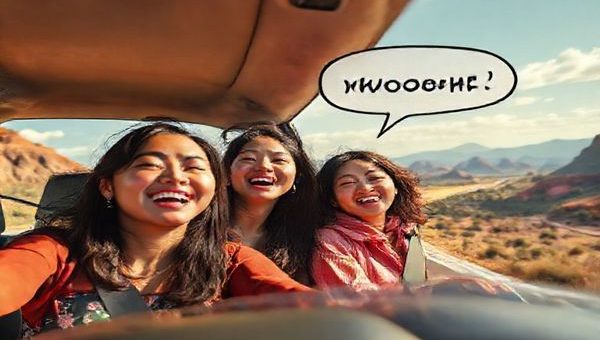 Create a high-definition image of four Asian-American women joyfully embarking on a vibrant road trip, surrounded by colorful landscapes that reflect a mix of cultural elements. The scene should capture their individuality and empowerment as they navigate through challenges, with bold expressions showcasing friendship and resilience. Incorporate elements of witty dialogue visuals, such as speech bubbles with captivating words, and a whimsical, energetic atmosphere that embodies the essence of adventure and feminist storytelling.