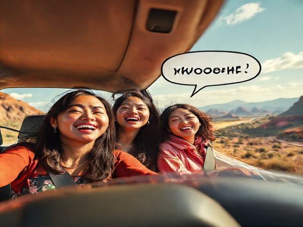 Create a high-definition image of four Asian-American women joyfully embarking on a vibrant road trip, surrounded by colorful landscapes that reflect a mix of cultural elements. The scene should capture their individuality and empowerment as they navigate through challenges, with bold expressions showcasing friendship and resilience. Incorporate elements of witty dialogue visuals, such as speech bubbles with captivating words, and a whimsical, energetic atmosphere that embodies the essence of adventure and feminist storytelling.