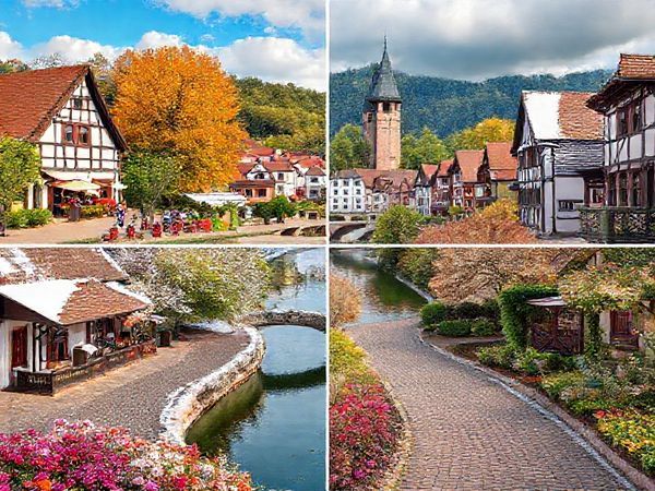 Create a high definition image of Landkreis Bautzen through the four seasons: a vibrant summer scene with cheerful festivals and kayaking in the Spreewald, a cozy winter landscape filled with snow-covered medieval streets and a bustling Christmas market, a picturesque autumn view showcasing colorful foliage and quaint vineyard harvests, and a refreshing spring panorama filled with blooming flowers and historic castles. Capture the enchanting blend of nature, culture, and tranquility unique to this Saxon region.