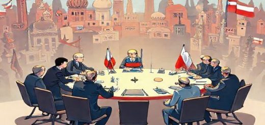 A vibrant and detailed high-definition illustration of a small yet powerful diplomatic roundtable where representatives of Czechia engage with larger nations, symbolizing a whisper of influence in a crowded political arena. The scene features the Czech flag and traditional motifs, with a backdrop of global landmarks representing various countries. Include a visual metaphor of specialization, such as a bright spotlight shining on the Czech representative amidst a sea of shadows, portraying their focused efforts in human rights and Balkan diplomacy.