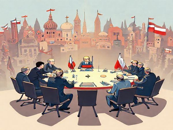 A vibrant and detailed high-definition illustration of a small yet powerful diplomatic roundtable where representatives of Czechia engage with larger nations, symbolizing a whisper of influence in a crowded political arena. The scene features the Czech flag and traditional motifs, with a backdrop of global landmarks representing various countries. Include a visual metaphor of specialization, such as a bright spotlight shining on the Czech representative amidst a sea of shadows, portraying their focused efforts in human rights and Balkan diplomacy.