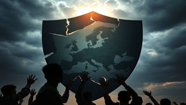 A powerful image depicting a shattered shield symbolizing human rights, with the outline of Russia fading into the background. Shadows of diverse individuals reaching out towards a fragmented map of Europe, representing the loss of protection and justice. A stormy sky looms overhead, symbolizing turmoil and uncertainty. High definition.