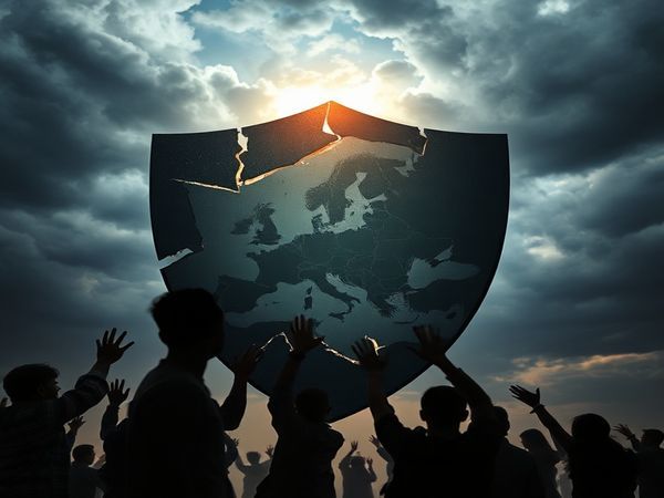 A powerful image depicting a shattered shield symbolizing human rights, with the outline of Russia fading into the background. Shadows of diverse individuals reaching out towards a fragmented map of Europe, representing the loss of protection and justice. A stormy sky looms overhead, symbolizing turmoil and uncertainty. High definition.