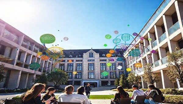 A high-definition image of the Corvinus University of Budapest, featuring a modern architectural design with students engaging in discussion about business ethics outdoors. Surrounding them are symbolic representations of various disciplines such as spirituality, sustainability, and social sciences, depicted as colorful, intertwining elements that create a vibrant tapestry, reflecting the interdisciplinary approach of the Business Ethics Center. The scene is set under a bright blue sky, portraying a hopeful future for business ethics education.