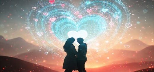 "Create a high-definition image depicting a mysterious, ethereal digital landscape representing love algorithms. In the foreground, a couple is interacting with a holographic interface displaying swirling patterns of data and hearts, symbolizing the blend of technology and romance. The background features a soft glow of abstract shapes, with visual elements suggesting transparency, like glass or crystal, evoking a sense of trust and discovery within the digital world."