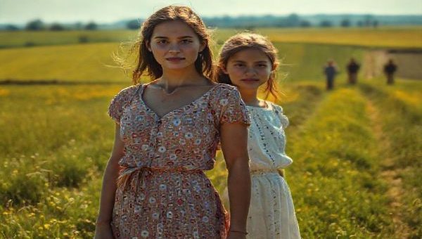 A sun-dappled rural landscape unfolds, showcasing lush fields and serene nature that reflect a woman’s inner journey. In the foreground, a determined female figure, Marta, portrayed by a luminous actress, stands confidently with her childhood friend, Sofia, symbolizing their mutual growth and ambition. Surrounding them are subtle hints of patriarchal forces, represented by faint, shadowy male figures in the background. The scene is infused with cinematic beauty, capturing a moment of quiet rebellion amid vibrant colors and delicate soundwaves that evoke empowerment and introspection. Make this image in high definition.