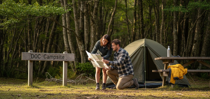 Couple setting up tent at DOC campsite
