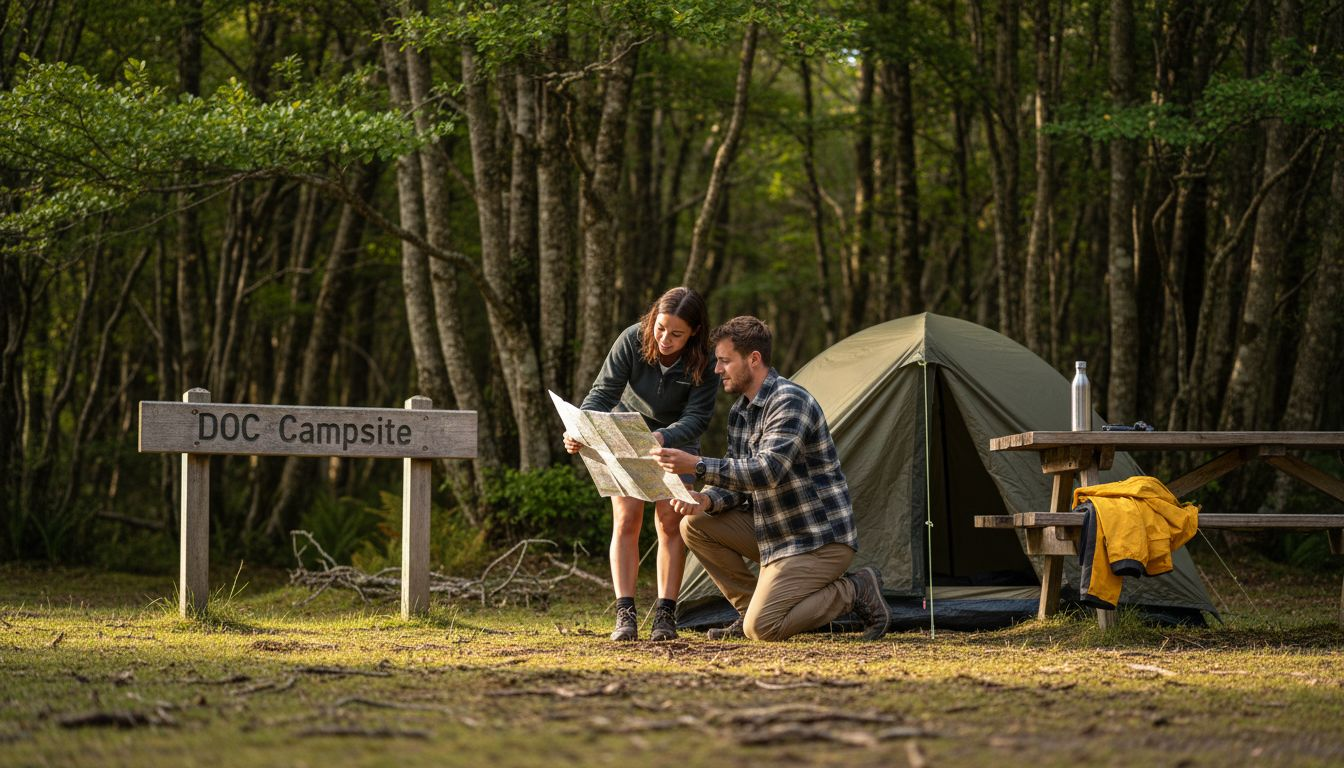 Couple setting up tent at DOC campsite