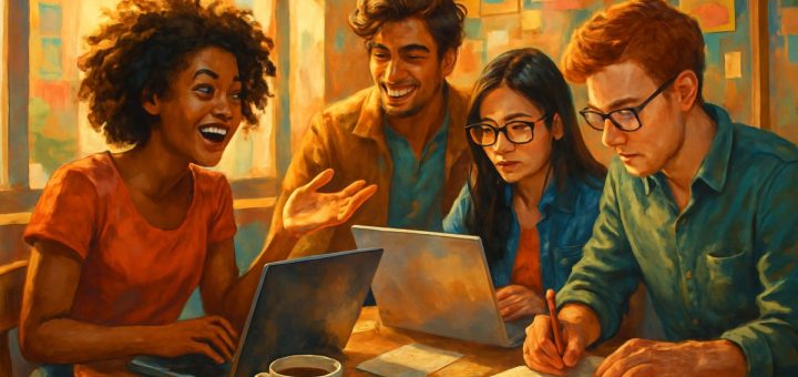 A vibrant digital painting depicting a diverse group of young writers gathered around a cozy coffee shop table, each engaged in their own writing on laptops and notebooks. Soft sunlight filters through large windows, highlighting a wall adorned with colorful art and inspiration boards. One writer enthusiastically shares ideas, while another focuses intently on the screen. A steaming cup of coffee and scattered notes suggest a creative brainstorming session. The atmosphere is warm, inviting, and infused with energy, embodying the spirit of collaboration and the exciting potential of entry-level writing careers. High definition.