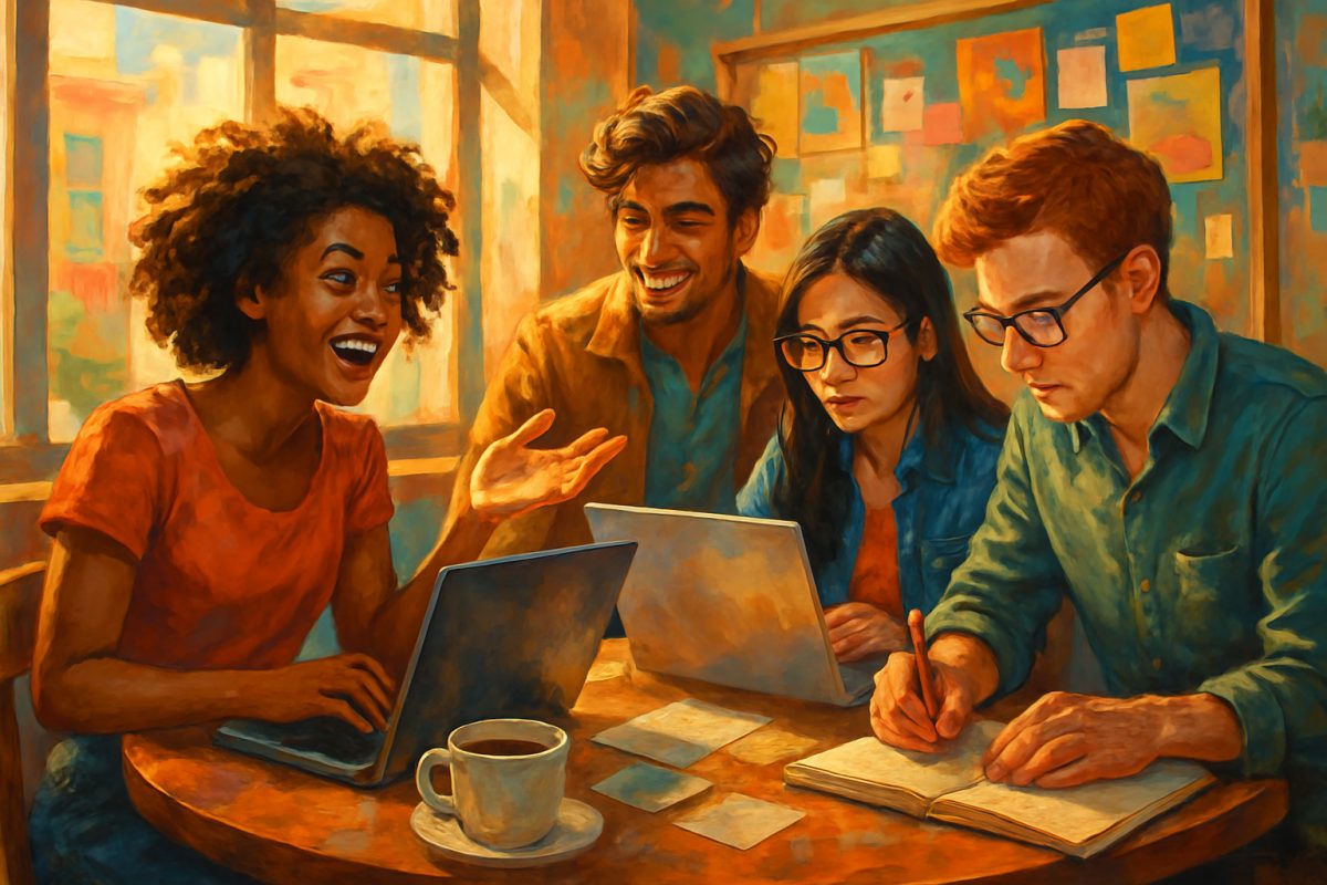 A vibrant digital painting depicting a diverse group of young writers gathered around a cozy coffee shop table, each engaged in their own writing on laptops and notebooks. Soft sunlight filters through large windows, highlighting a wall adorned with colorful art and inspiration boards. One writer enthusiastically shares ideas, while another focuses intently on the screen. A steaming cup of coffee and scattered notes suggest a creative brainstorming session. The atmosphere is warm, inviting, and infused with energy, embodying the spirit of collaboration and the exciting potential of entry-level writing careers. High definition.