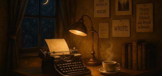 A dimly lit, cozy workspace featuring a vintage wooden desk, an elegant typewriter, and a steaming cup of tea beside it. The room is softly illuminated by a warm, golden desk lamp, casting gentle shadows on the walls adorned with inspiring quotes and book covers. Outside the window, a starry night sky twinkles, with a crescent moon casting a serene glow. High definition, capturing the tranquil ambiance of a night owl's creative sanctuary.