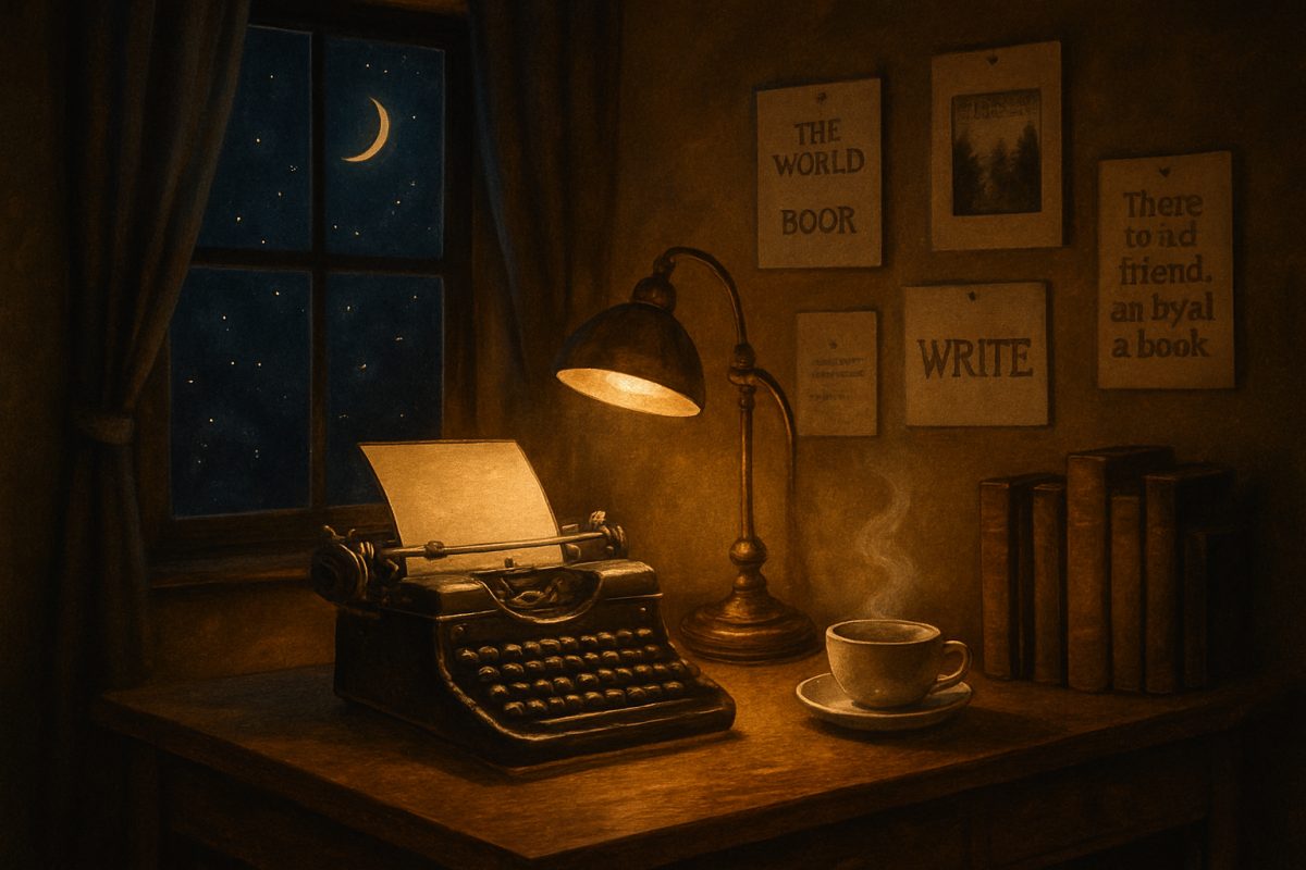 A dimly lit, cozy workspace featuring a vintage wooden desk, an elegant typewriter, and a steaming cup of tea beside it. The room is softly illuminated by a warm, golden desk lamp, casting gentle shadows on the walls adorned with inspiring quotes and book covers. Outside the window, a starry night sky twinkles, with a crescent moon casting a serene glow. High definition, capturing the tranquil ambiance of a night owl's creative sanctuary.