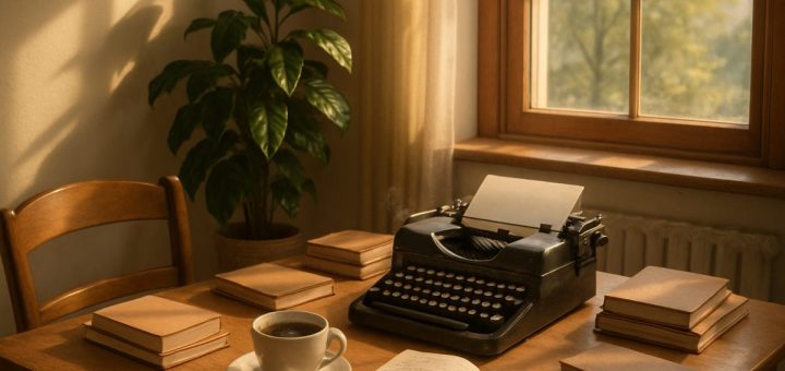 A serene home office scene bathed in soft morning light, featuring a cozy desk cluttered with notebooks, a vintage typewriter, and a steaming cup of coffee. In the background, a lush green plant adds a touch of nature, while a large window reveals a tranquil outdoor view. The warm, inviting atmosphere conveys the essence of creativity and concentration, embodying the ideal work-from-home environment for writers. High definition, radiating warmth and inspiration.