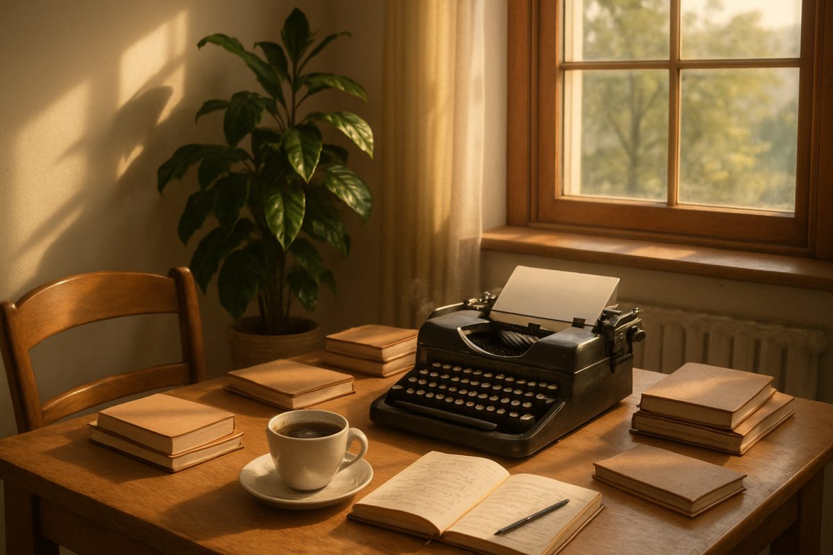 A serene home office scene bathed in soft morning light, featuring a cozy desk cluttered with notebooks, a vintage typewriter, and a steaming cup of coffee. In the background, a lush green plant adds a touch of nature, while a large window reveals a tranquil outdoor view. The warm, inviting atmosphere conveys the essence of creativity and concentration, embodying the ideal work-from-home environment for writers. High definition, radiating warmth and inspiration.