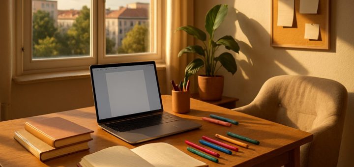 A cozy home office space bathed in warm natural light. A sleek wooden desk is scattered with notebooks, colorful pens, and a laptop displaying a blank document. A comfortable armchair sits nearby, inviting creativity, while a plant adds a touch of greenery. In the background, a window reveals a peaceful view of an urban landscape, symbolizing the freedom of remote work. The overall atmosphere exudes productivity, warmth, and inspiration, captured in high definition.