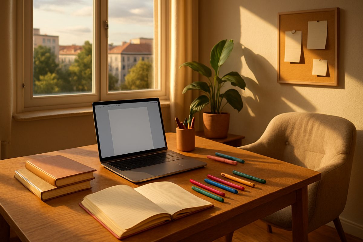 A cozy home office space bathed in warm natural light. A sleek wooden desk is scattered with notebooks, colorful pens, and a laptop displaying a blank document. A comfortable armchair sits nearby, inviting creativity, while a plant adds a touch of greenery. In the background, a window reveals a peaceful view of an urban landscape, symbolizing the freedom of remote work. The overall atmosphere exudes productivity, warmth, and inspiration, captured in high definition.