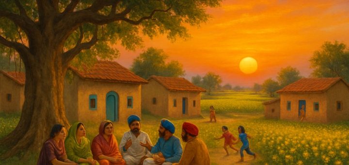 A vibrant sunset casts warm hues over a peaceful Punjabi village, where fields of golden mustard flowers sway gently in the breeze. In the foreground, a group of villagers, including men and women, gather under a large banyan tree, engaged in animated conversation, symbolizing community dialogue and shared aspirations. Traditional mud houses with colorful painted doorways adorn the landscape, while children play nearby, embodying the spirit of youthful hope and resilience. The image captures the essence of rural life and connection, emphasizing human dignity and the pursuit of rights in a picturesque, high-definition scene.