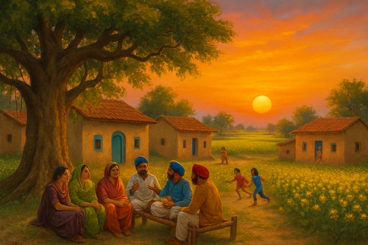 A vibrant sunset casts warm hues over a peaceful Punjabi village, where fields of golden mustard flowers sway gently in the breeze. In the foreground, a group of villagers, including men and women, gather under a large banyan tree, engaged in animated conversation, symbolizing community dialogue and shared aspirations. Traditional mud houses with colorful painted doorways adorn the landscape, while children play nearby, embodying the spirit of youthful hope and resilience. The image captures the essence of rural life and connection, emphasizing human dignity and the pursuit of rights in a picturesque, high-definition scene.