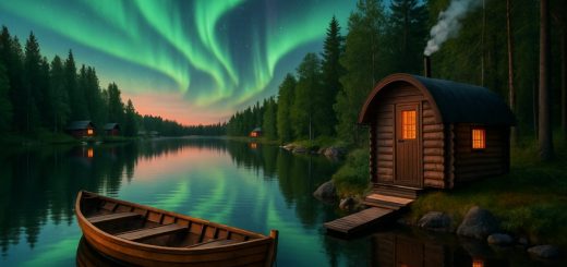 A serene Finnish lakeside at twilight, showcasing the vibrant colors of the Northern Lights reflecting on the water's surface, surrounded by lush green forests and quaint wooden cottages. An inviting wooden sauna stands nearby, with soft steam rising from its chimney. In the foreground, a wooden rowboat floats gently on the calm lake, inviting viewers to imagine a moment of tranquility and cultural immersion. High definition, rich colors, and intricate details bring the scene to life, evoking a sense of adventure and connection to Finnish heritage.