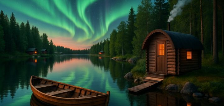A serene Finnish lakeside at twilight, showcasing the vibrant colors of the Northern Lights reflecting on the water's surface, surrounded by lush green forests and quaint wooden cottages. An inviting wooden sauna stands nearby, with soft steam rising from its chimney. In the foreground, a wooden rowboat floats gently on the calm lake, inviting viewers to imagine a moment of tranquility and cultural immersion. High definition, rich colors, and intricate details bring the scene to life, evoking a sense of adventure and connection to Finnish heritage.