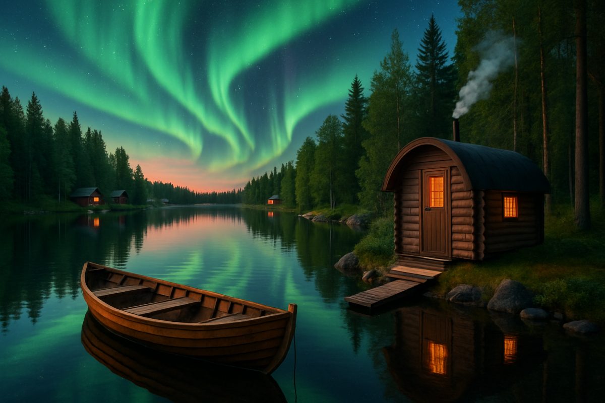 A serene Finnish lakeside at twilight, showcasing the vibrant colors of the Northern Lights reflecting on the water's surface, surrounded by lush green forests and quaint wooden cottages. An inviting wooden sauna stands nearby, with soft steam rising from its chimney. In the foreground, a wooden rowboat floats gently on the calm lake, inviting viewers to imagine a moment of tranquility and cultural immersion. High definition, rich colors, and intricate details bring the scene to life, evoking a sense of adventure and connection to Finnish heritage.
