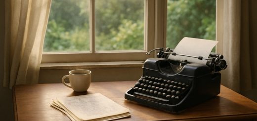 A serene workspace featuring a vintage wooden desk set against a window with soft morning light streaming in. On the desk, an old-fashioned typewriter sits beside a neatly arranged stack of handwritten notes and a steaming cup of coffee. The background reveals a lush garden, creating a peaceful and inspiring atmosphere, ideal for a creative writer. High definition.