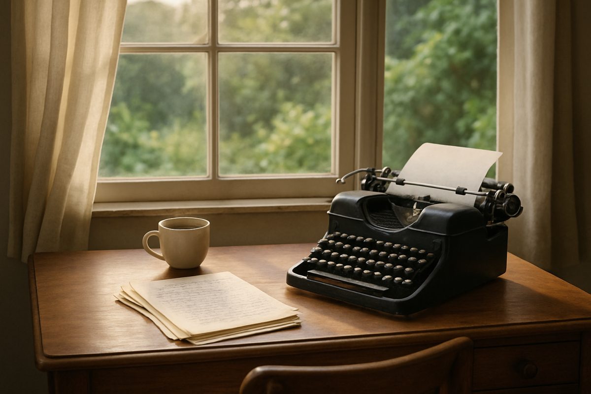 A serene workspace featuring a vintage wooden desk set against a window with soft morning light streaming in. On the desk, an old-fashioned typewriter sits beside a neatly arranged stack of handwritten notes and a steaming cup of coffee. The background reveals a lush garden, creating a peaceful and inspiring atmosphere, ideal for a creative writer. High definition.