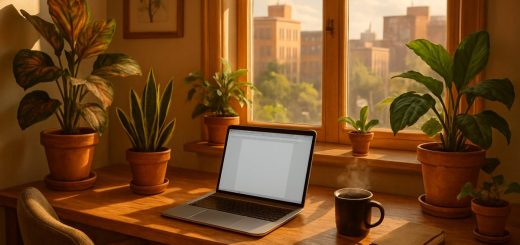 A cozy home office setting bathed in warm, natural light, featuring a wooden desk with a laptop open to a blank document, surrounded by colorful houseplants and a steaming mug of coffee. A comfortable chair invites creativity, while a large window showcases a sunny view of a bustling cityscape outside. The atmosphere radiates productivity and inspiration, emphasizing the balance of work and comfort in a home environment. High definition.