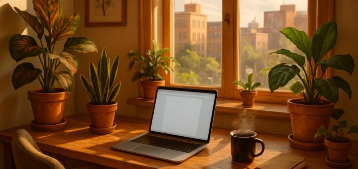 A cozy home office setting bathed in warm, natural light, featuring a wooden desk with a laptop open to a blank document, surrounded by colorful houseplants and a steaming mug of coffee. A comfortable chair invites creativity, while a large window showcases a sunny view of a bustling cityscape outside. The atmosphere radiates productivity and inspiration, emphasizing the balance of work and comfort in a home environment. High definition.