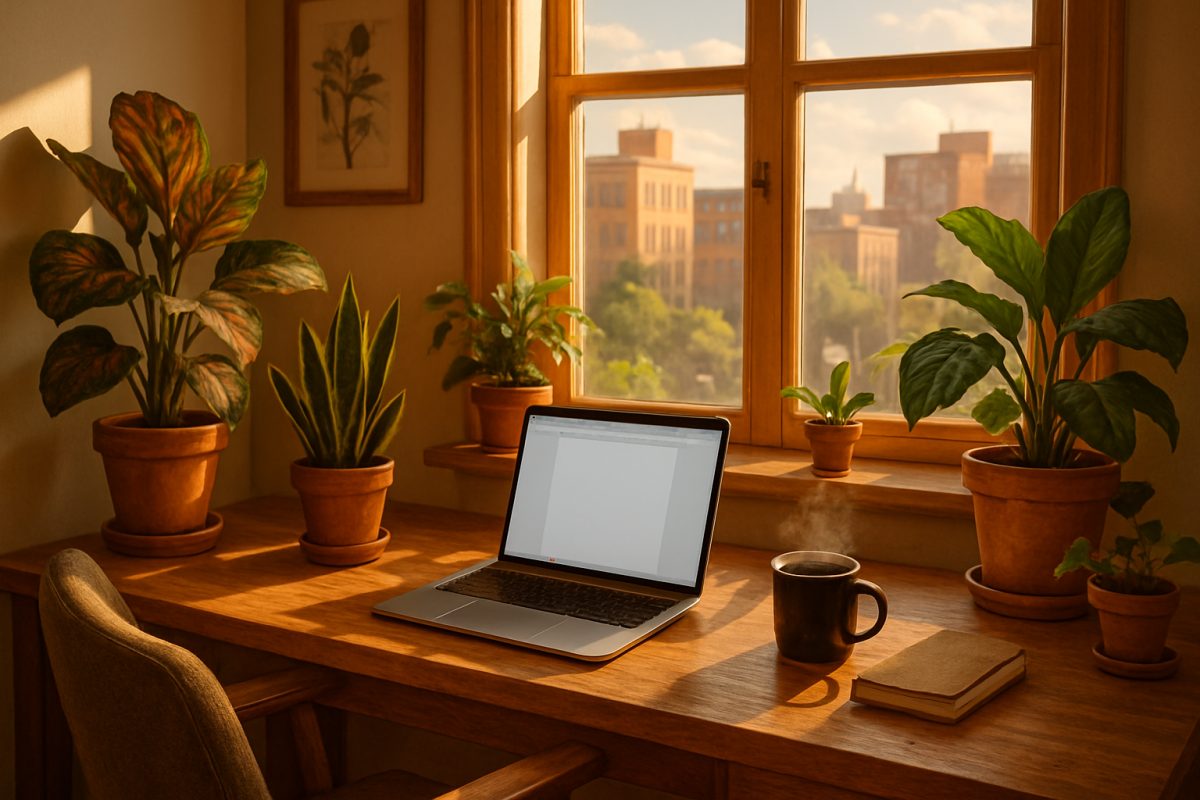 A cozy home office setting bathed in warm, natural light, featuring a wooden desk with a laptop open to a blank document, surrounded by colorful houseplants and a steaming mug of coffee. A comfortable chair invites creativity, while a large window showcases a sunny view of a bustling cityscape outside. The atmosphere radiates productivity and inspiration, emphasizing the balance of work and comfort in a home environment. High definition.