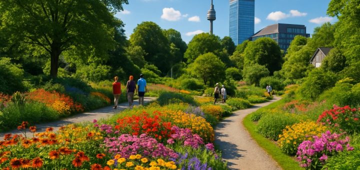 A picturesque summer scene in Bochum’s Botanical Garden, showcasing a vibrant array of blooming flowers in rich colors beneath a bright blue sky. Visitors can be seen strolling along winding paths, enjoying the lush greenery, and taking in the diverse plant life. In the background, glimpses of contemporary architecture represent the city’s blend of history and modernity. Sunlight filters through the leaves, creating a warm, inviting atmosphere that captures the essence of a lively summer day. High definition.