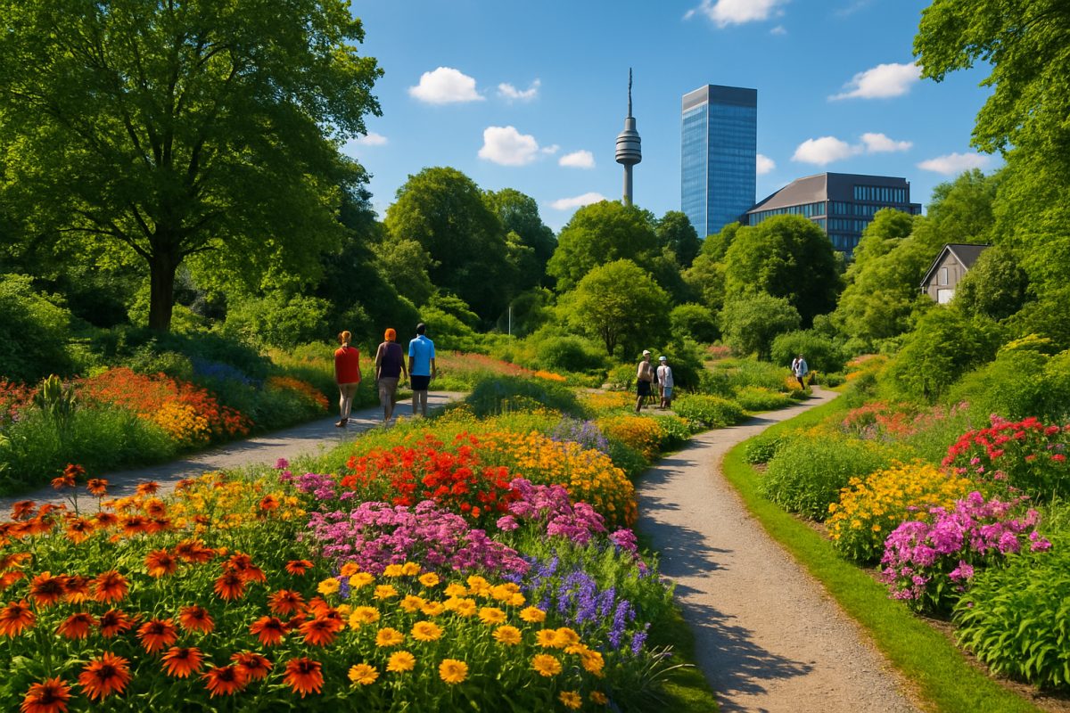 A picturesque summer scene in Bochum’s Botanical Garden, showcasing a vibrant array of blooming flowers in rich colors beneath a bright blue sky. Visitors can be seen strolling along winding paths, enjoying the lush greenery, and taking in the diverse plant life. In the background, glimpses of contemporary architecture represent the city’s blend of history and modernity. Sunlight filters through the leaves, creating a warm, inviting atmosphere that captures the essence of a lively summer day. High definition.